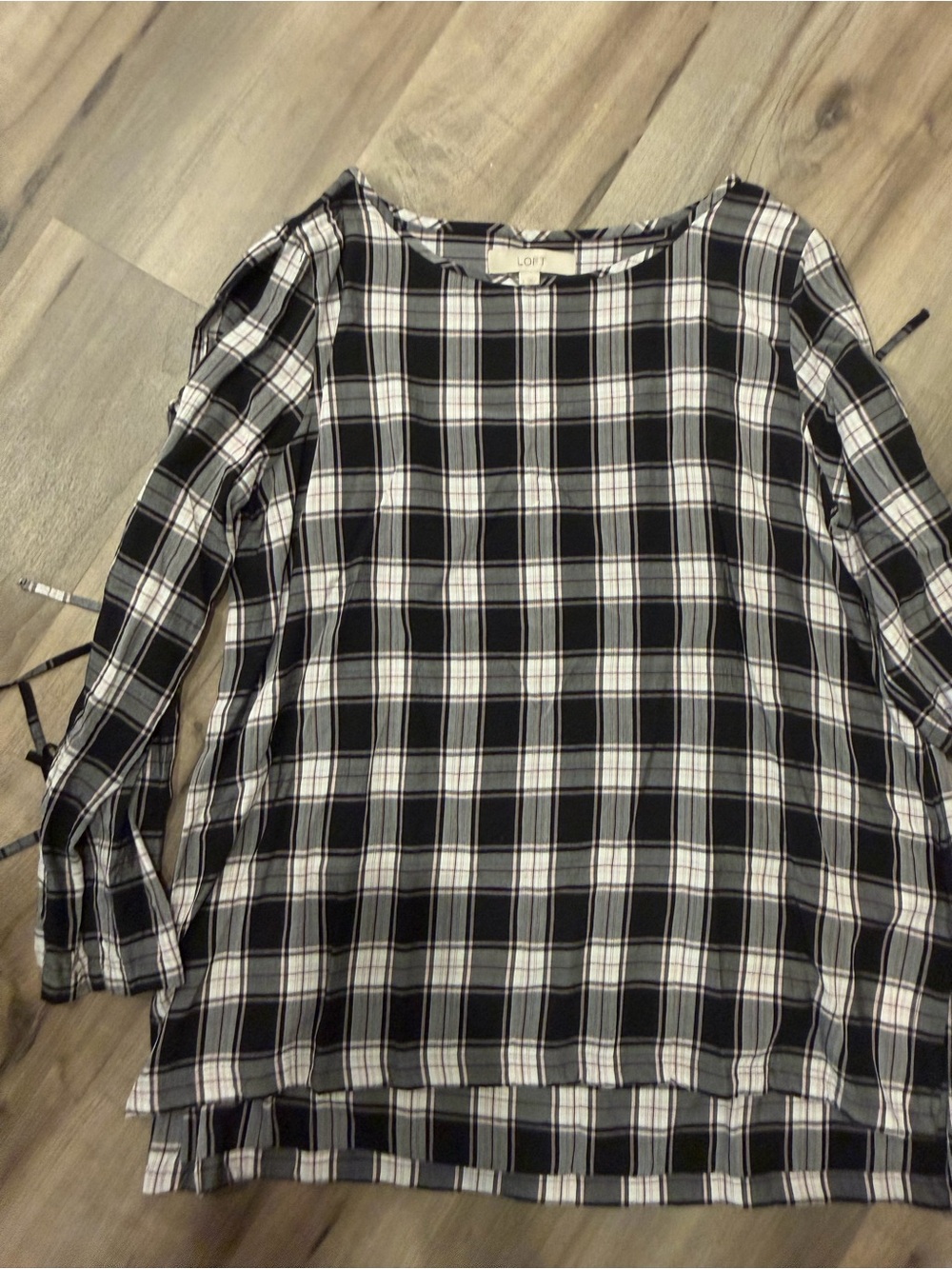 LOFT Black & White Plaid Tie-Sleeve Tunic